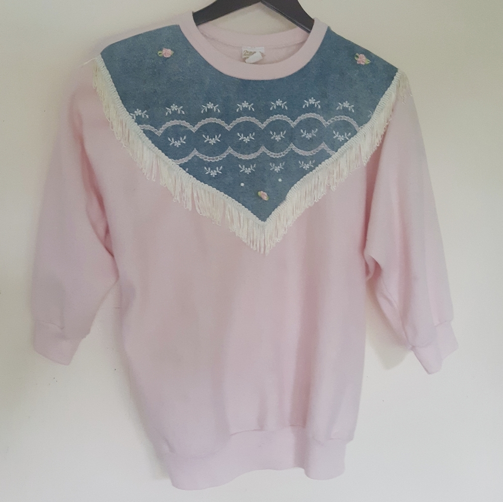 '80s Sweatshirt w Fancy Fringed Yoke, Shoulder Pads, Roses, Dolman Sleeves